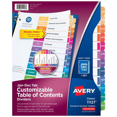 Avery Jan-Dec 12 Tab Dividers for 3 Ring Binders, Customizable Table of Contents, Multicolor Tabs, 1 Set (11127)